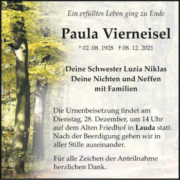 Traueranzeige von Paula Vierneisel von Fränkische Nachrichten