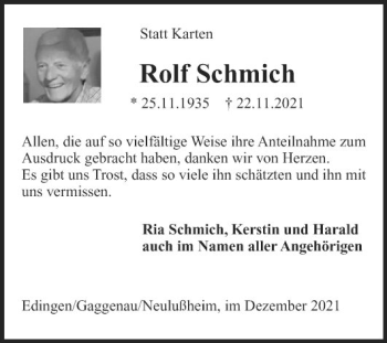 Traueranzeige von Rolf Schmich von Mannheimer Morgen