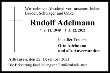 Traueranzeige von Rudolf Adelmann von Fränkische Nachrichten