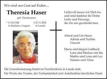 Traueranzeige von Theresia Haser von Fränkische Nachrichten