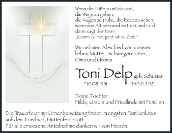 Traueranzeige von Toni Delp von Südhessen Morgen