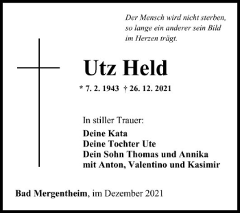 Traueranzeige von Utz Held von Fränkische Nachrichten