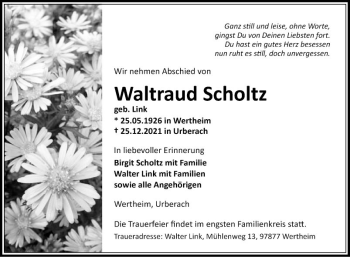 Traueranzeige von Waltraud Scholtz von Fränkische Nachrichten