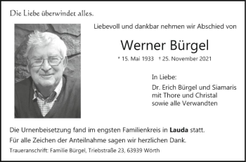 Traueranzeige von Werner Bürgel von Fränkische Nachrichten