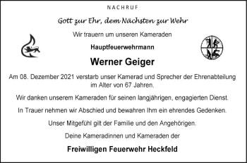 Traueranzeige von Werner Geiger von Fränkische Nachrichten