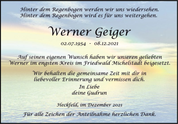 Traueranzeige von Werner Geiger von Fränkische Nachrichten