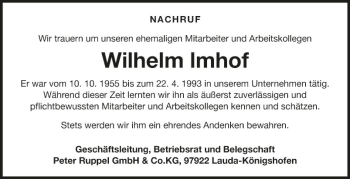 Traueranzeige von Wilhelm Imhof von Fränkische Nachrichten