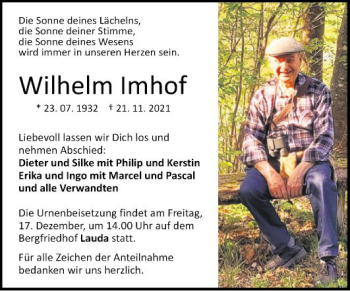 Traueranzeige von Wilhelm Imhof von Fränkische Nachrichten
