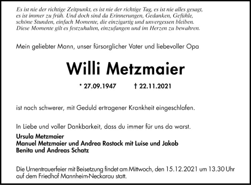  Traueranzeige für Willi Metzmaier vom 11.12.2021 aus Mannheimer Morgen