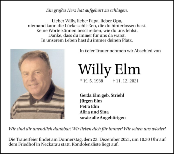 Traueranzeige von Willy Elm von Mannheimer Morgen