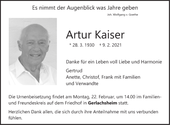 Traueranzeige von Artur Kaiser 
