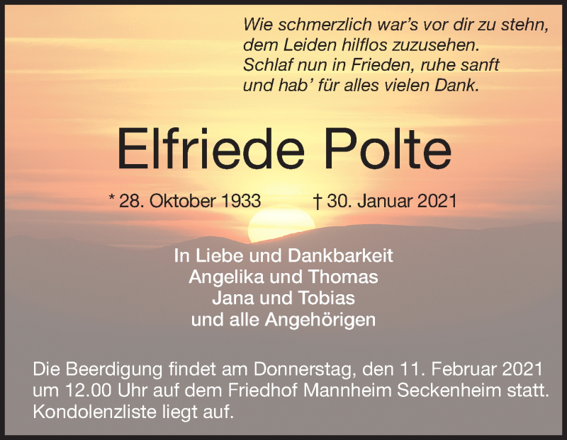  Traueranzeige für Elfriede Polte vom 06.02.2021 aus Mannheimer Morgen