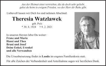 Traueranzeige von Theresia Watzlawek 