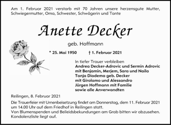 Traueranzeige von Anette Decker von Schwetzinger Zeitung