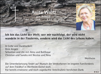 Traueranzeige von Anita Woltz von Fränkische Nachrichten