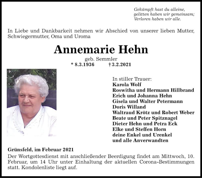  Traueranzeige für Annemarie Hehn vom 06.02.2021 aus Fränkische Nachrichten