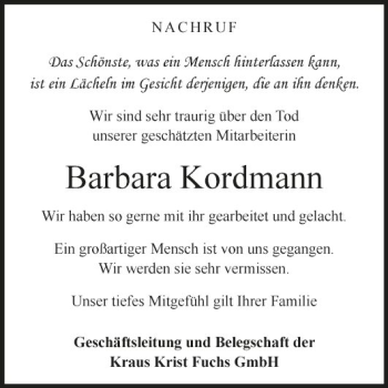 Traueranzeige von Barbara Kordmann von Fränkische Nachrichten