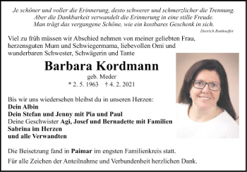 Traueranzeige von Barbara Kordmann von Fränkische Nachrichten