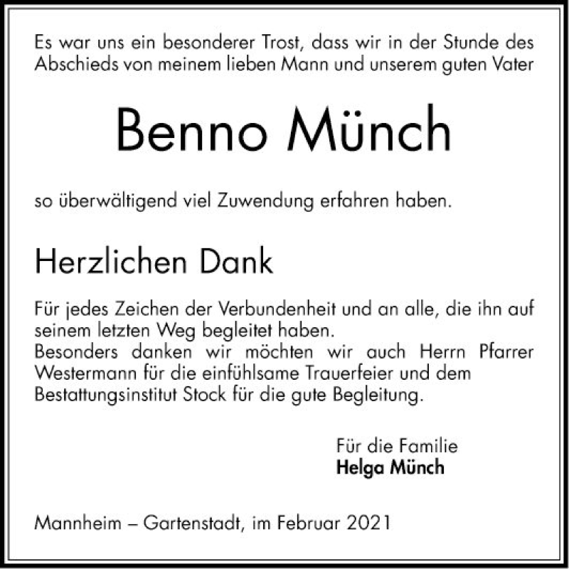  Traueranzeige für Benno Münch vom 06.02.2021 aus Mannheimer Morgen