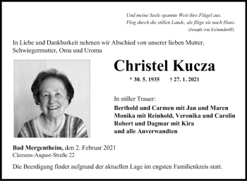 Traueranzeige von Christel Kucza von Fränkische Nachrichten