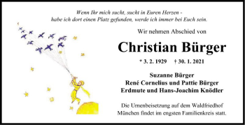 Traueranzeige von Christian Bürger von Fränkische Nachrichten