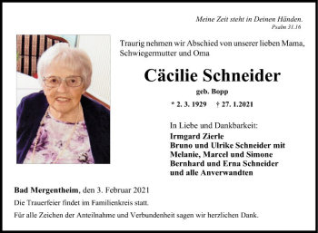 Traueranzeige von Cäcilie Schneider von Fränkische Nachrichten