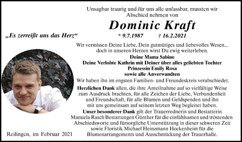  Traueranzeige für Dominic Kraft vom 27.02.2021 aus Schwetzinger Zeitung