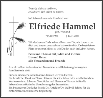 Traueranzeige von Elfriede Hammel von Südhessen Morgen