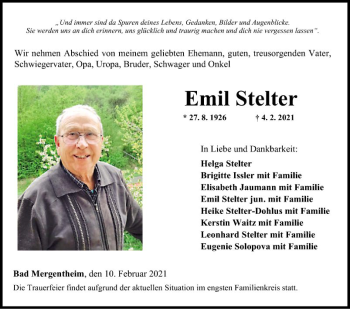 Traueranzeige von Emil Stelter von Fränkische Nachrichten