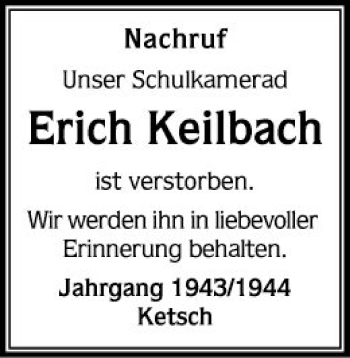 Traueranzeige von Erich Keilbach von Schwetzinger Zeitung