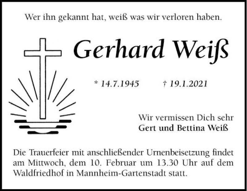  Traueranzeige für Gerhard Weiß vom 06.02.2021 aus Mannheimer Morgen