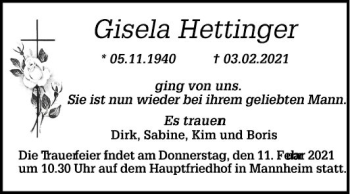 Traueranzeige von Gisela Hettinger von Mannheimer Morgen