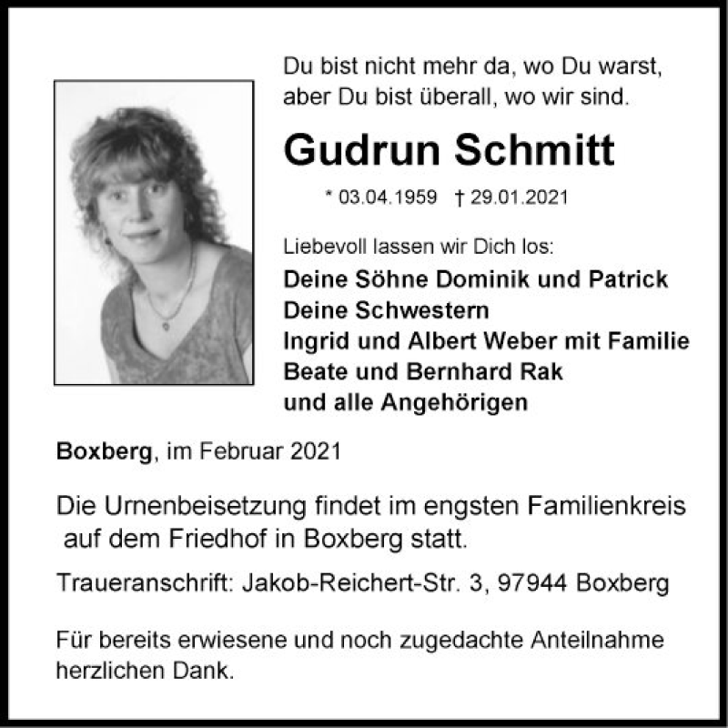  Traueranzeige für Gudrun Schmitt vom 05.02.2021 aus Fränkische Nachrichten