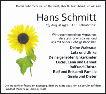 Traueranzeige von Hans Schmitt von Mannheimer Morgen