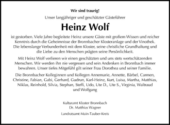 Traueranzeige von Heinz Wolf von Fränkische Nachrichten