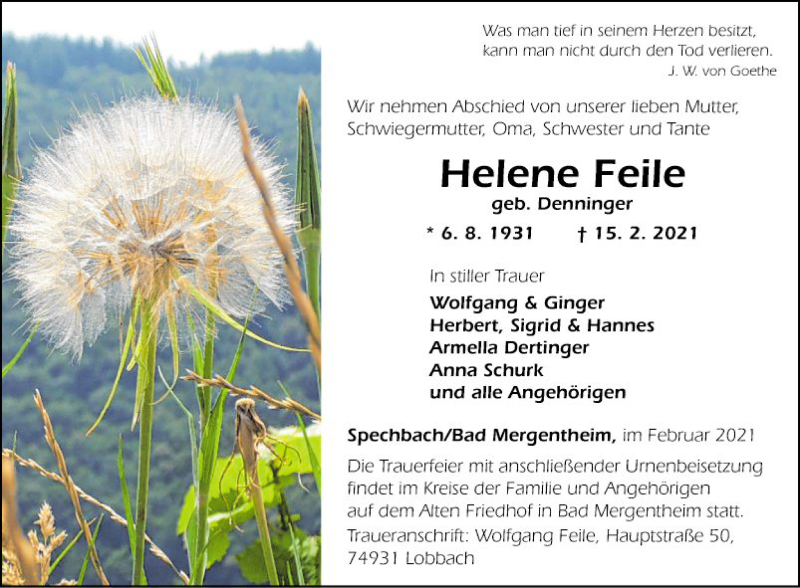  Traueranzeige für Helene Feile vom 27.02.2021 aus Fränkische Nachrichten