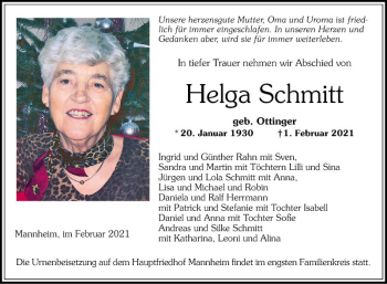 Traueranzeige von Helga Schmitt von Mannheimer Morgen