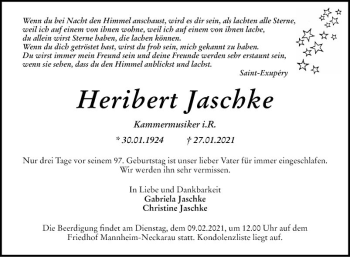 Traueranzeige von Heribert Jaschke von Mannheimer Morgen
