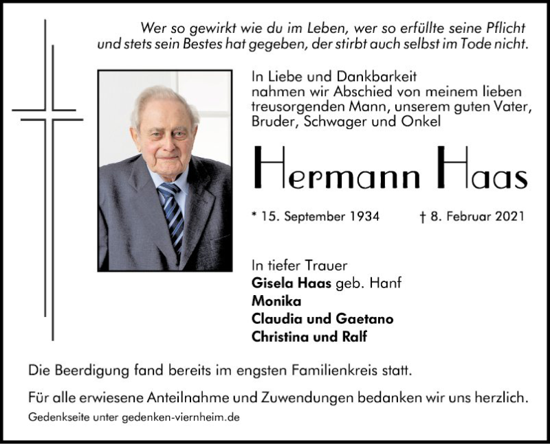  Traueranzeige für Hermann Haas vom 27.02.2021 aus Südhessen Morgen