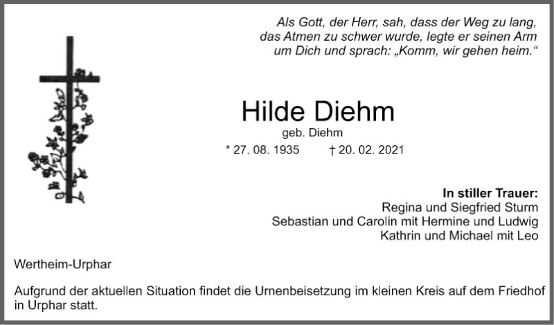  Traueranzeige für Hilde Diehm vom 23.02.2021 aus Fränkische Nachrichten