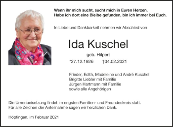 Traueranzeige von Ida Kuschel von Fränkische Nachrichten