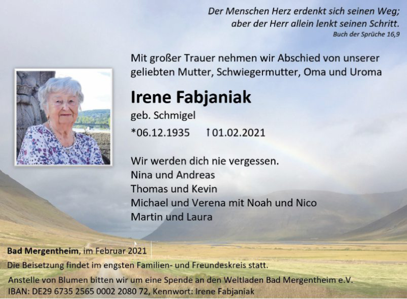  Traueranzeige für Irene Fabjaniak vom 06.02.2021 aus Fränkische Nachrichten