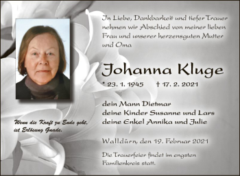 Traueranzeige von Johanne Kluge von Fränkische Nachrichten