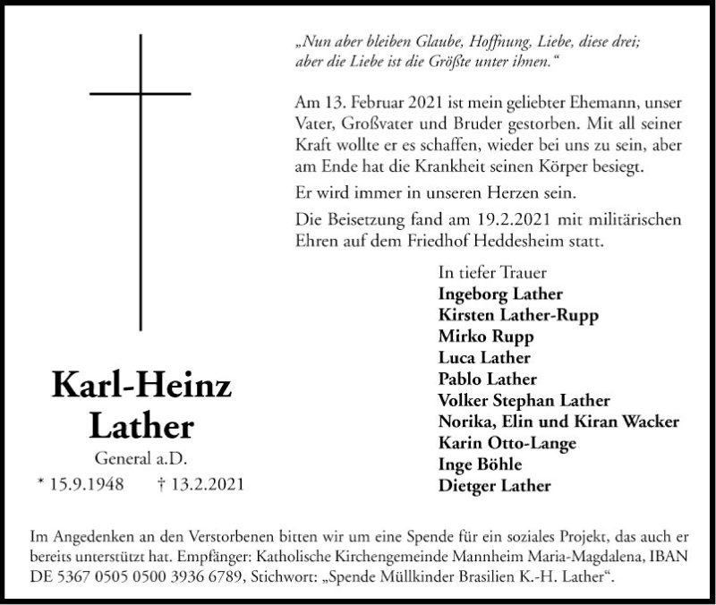  Traueranzeige für Karl-Heinz Lather vom 27.02.2021 aus Mannheimer Morgen