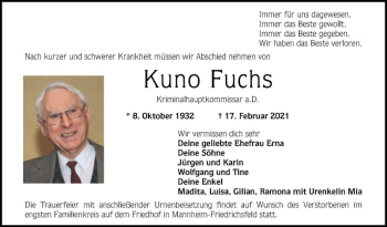 Traueranzeige von Kuno Fuchs von Mannheimer Morgen