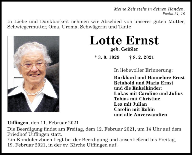  Traueranzeige für Lotte Ernst vom 11.02.2021 aus Fränkische Nachrichten