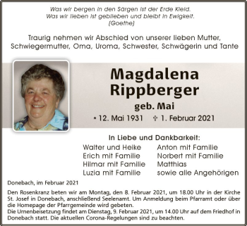 Traueranzeige von Magdalena Rippberger von Fränkische Nachrichten