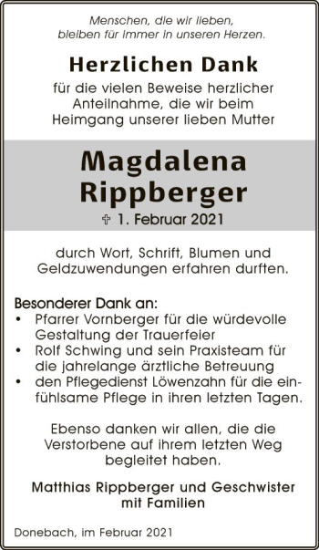 Traueranzeige von Magdalena Rippberger von Fränkische Nachrichten
