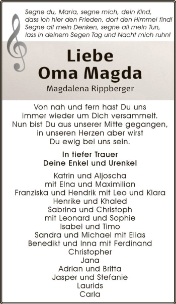 Traueranzeige von Magdalena Rippberger von Fränkische Nachrichten