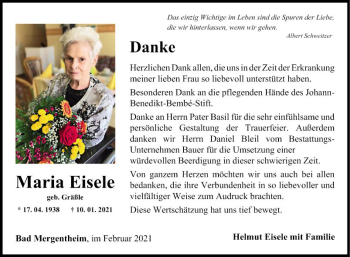 Traueranzeige von Maria Eisele von Fränkische Nachrichten